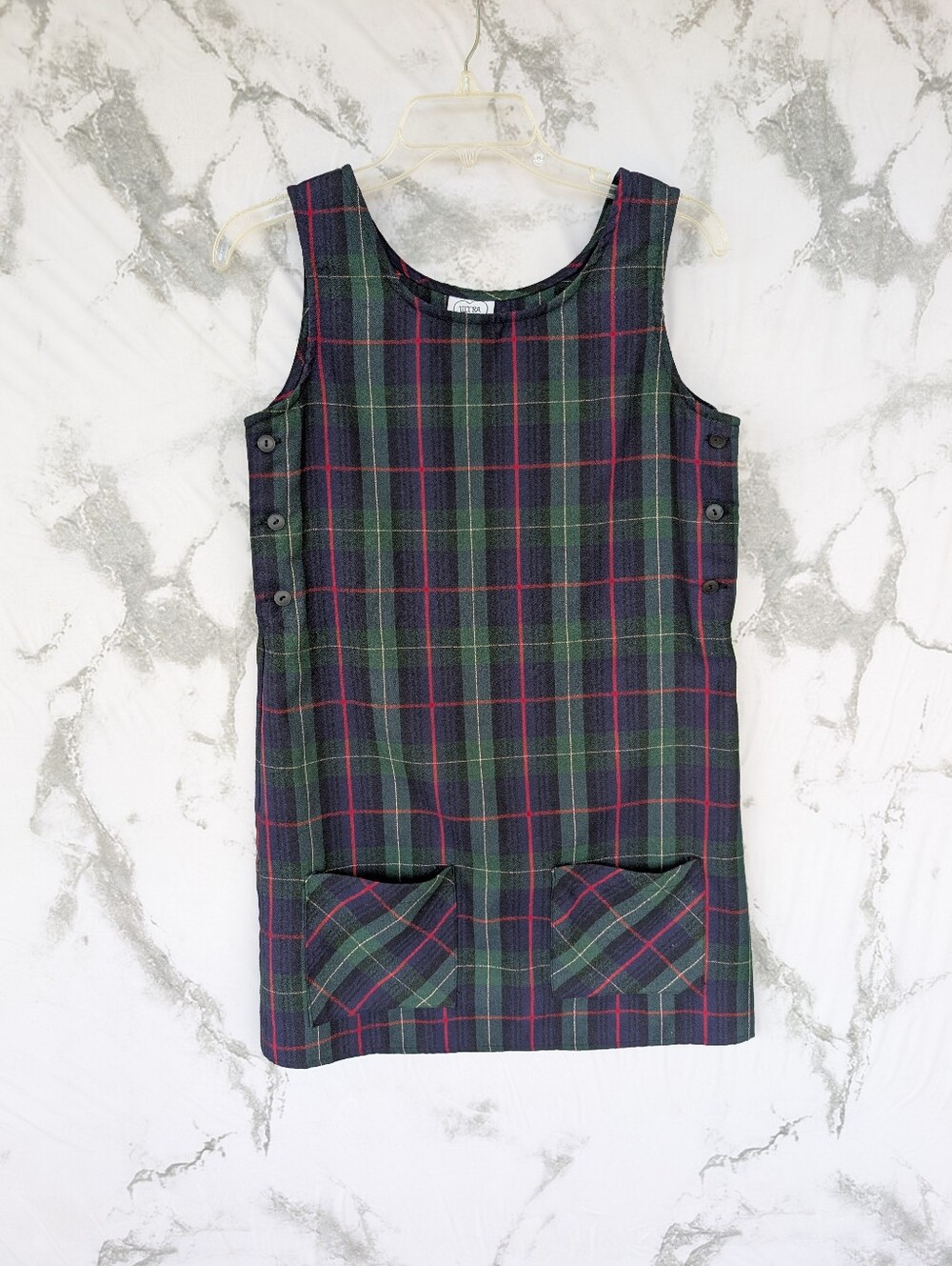 Vintage Ultra Pink Navy Green Red Plaid Midi Overall Dress Womens Size Medium